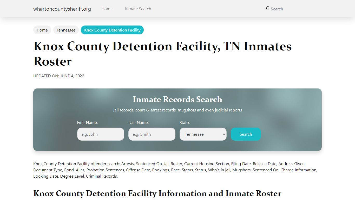 Knox County Detention Facility, TN Jail Roster, Name Search